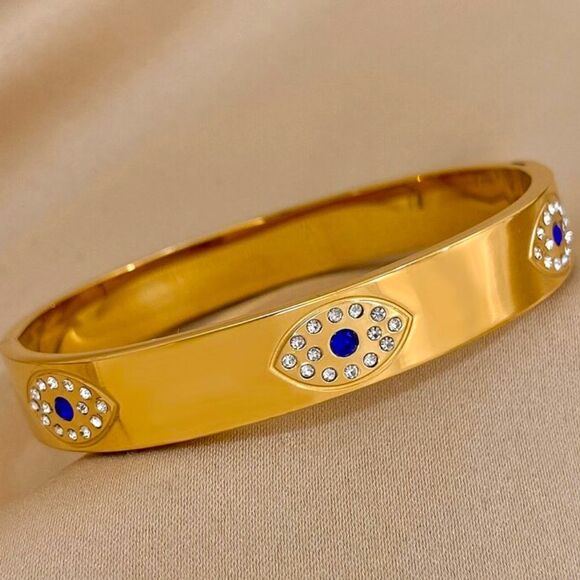 SALE 18k Gold Filled Sapphire Blue Topaz Crystal Evil Eye Cuff Bracelet - Picture 2 of 6